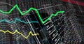 Animating 3D line charts and currency codes on trading dashboard, with numeric codes, grid axes Royalty Free Stock Photo