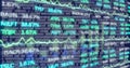 Animating data dashboard on screen, with binary code, chart lines, ticker symbols and percentages Royalty Free Stock Photo