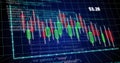 Animating green-red candlestick bars with wicks on virtual 3D grid, turquoise line, code 53 Royalty Free Stock Photo