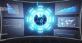 Animating holographic circular interface with binary digits and panels over floor in control center Royalty Free Stock Photo
