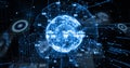 Animating wireframe globe pulsing in cyberspace with UI panels, numeric overlays and code streams Royalty Free Stock Photo