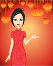 Animation Asian girl in red clothes.Chinese new year.