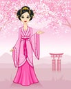 The animation Asian girl in a traditional dress on a mountain landscape.