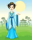 The animation Asian girl in a traditional dress on a mountain landscape.