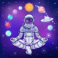 Animation Astronaut in a space suit holds planets of the solar system. Royalty Free Stock Photo