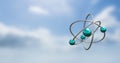 Animation of atom models spinning over clouds onn blue background