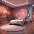 animation background, bedroom with afro futuristic aesthetic