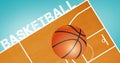 Animation of basketball rolling across basketball court and text on blue background