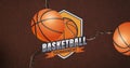 Animation of basketballs bouncing over tournament sign on cracked brown background