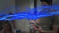 Animation of blue glowing wave over studding people