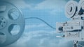 Animation of camera rolling with gird and clouds on blue sky in the background
