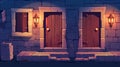 An animation of a cartoon door closing motion sequence with wooden doorways slightly ajar and stone stairs in the