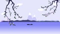 animation, cartoon, video, footage, movement. Seascape with volcanoes and a ship. Japan or the Far East