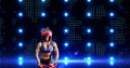 Animation of caucasian female boxer over blue spotlights