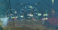 Animation of changing numbers in speedometers, navigation pattern, transmission towers against sky