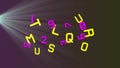 Animation of changing pink numbers and yellow letters over lightbeam on black background