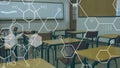 Animation of chemistry symbols over empty clasroom