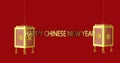 Animation of chinese new year ext over lanterns and chinese pattern on red background