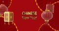 Animation of chinese new year ext over lanterns and chinese pattern on red background