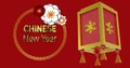 Animation of chinese new year ext over lanterns and chinese pattern on red background