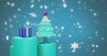 Animation of chrstmas tree and cookie over snow falling on blue background