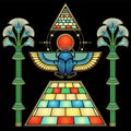 Animation color drawing: Divine scarab beetle sits atop pyramid holds disk of sun. Ornamental trees.