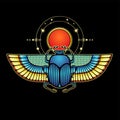 Animation color drawing: sacred Egyptian beetle scarab holds the sun.