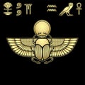 Animation color drawing: sacred Egyptian beetle scarab holds the sun. Set of hieroglyphs.