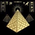 Animation color drawing: symbol of Egyptian pyramid, valley of the kings, shining Sun. Set of hieroglyphs.