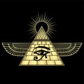 Animation color  drawing: winged Egyptian pyramid, eye of Horus, divine shining sun. Royalty Free Stock Photo