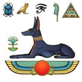 Animation color portrait Ancient Egyptian god Anubis in form of a lying dog. God of death. Royalty Free Stock Photo