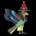 Animation color portrait: Ancient Egyptian god Khnum with body of a bird and head of a ram.