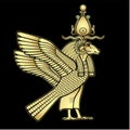 Animation color portrait: Ancient Egyptian god Khnum with body of a bird and head of a ram.