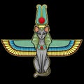 Animation color portrait Ancient Egyptian goddess Bastet Bast. Sacred winged cat with a divine crown on the head. Royalty Free Stock Photo