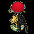 Animation color portrait Ancient Egyptian goddess with head of Lioness, disk of sun.