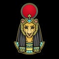 Animation color portrait Ancient Egyptian goddess with head of Lioness, disk of sun