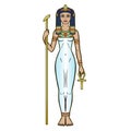 Animation color portrait Ancient Egyptian Goddess holds symbols of power: staff and cross.