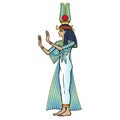 Animation color portrait: beautiful Egyptian woman in ancient clothes with a crown extends his hand.