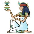 Animation color portrait: Egyptian girl in a Animation color portrait: Egyptian girl in a white dress holds a papyrus flower.