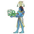 Animation color portrait: Egyptian God Hapi presents river gifts - papyrus flowers. God of fertility, of water, of Nile River.