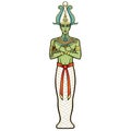 Animation color portrait: Egyptian man in the royal crown with crossed hands holds symbols of power. Pharaoh, Osiris, mummy.