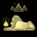 Animation color portrait: Egyptian sphinx body of a lion and the head of a man. Ritual fire, ancient pyramids. Royalty Free Stock Photo