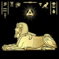 Animation color portrait: Egyptian sphinx body of a lion and the head of a man. Set of hieroglyphs.