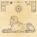 Animation color portrait: Egyptian sphinx body of a lion and the head of a man. Set of hieroglyphs.