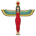 Animation color portrait: Egyptian winged goddess Isis with horns and a sun disk on her head. Full growth.