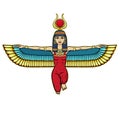 Animation color portrait: sitting winged goddess Isis with horns and a sun disk on her head.