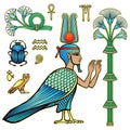 Animation color set of ancient Egyptian symbols. Sacred bird with a human head, an pagan deity. Royalty Free Stock Photo