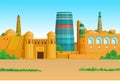 Animation colorful landscape: Ancient palace, towers, minaret.