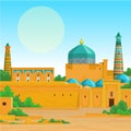 Animation colorful landscape: Ancient palace, towers, minaret.