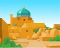 Animation colorful landscape: Ancient palace, towers, yard.